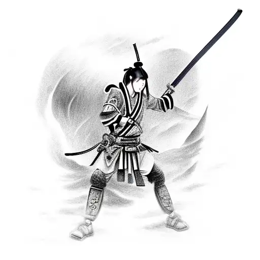 Japanese warrior with a sword on stormy weather tattoo design idea