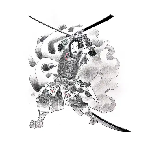 Japanese warrior with a sword on stormy weather tattoo design idea