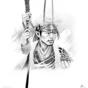 Japanese warrior with a sword on stormy weather tattoo design idea