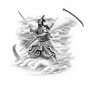 Japanese warrior with a sword on stormy weather tattoo design idea
