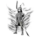 Japanese warrior with a sword on stormy weather tattoo design idea