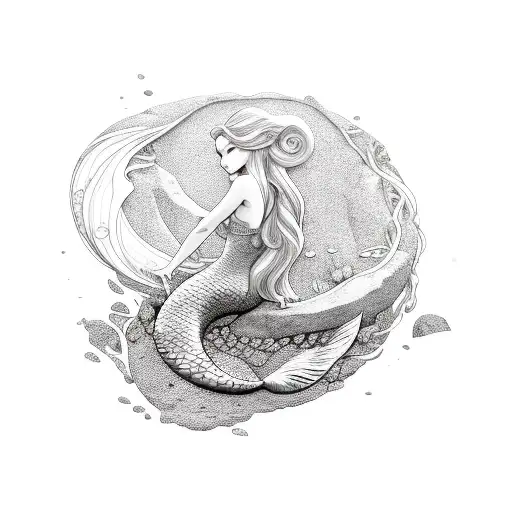 a mermaid with very long hair, with very delicate details sitting on a rock tattoo design idea