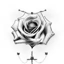 rose with name connecting to a cross with name with clouds behind it  tattoo design idea