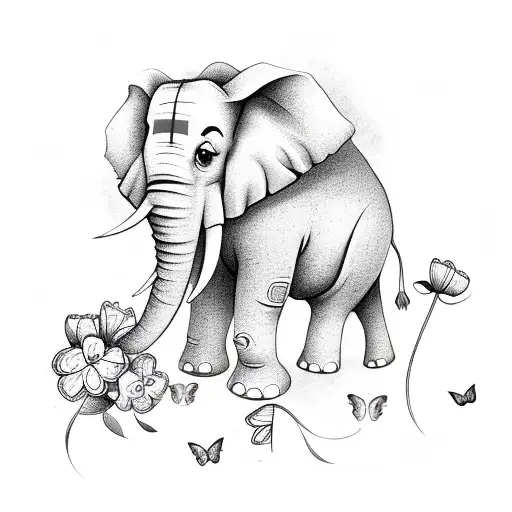 elephant with butterflies and flowers tattoo design idea
