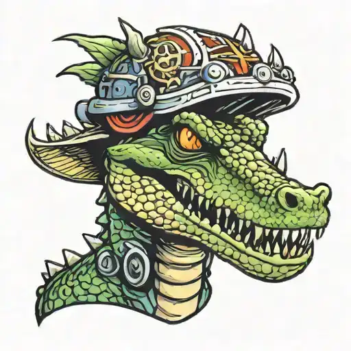 crocodile with fire helmet in mouth tattoo design idea