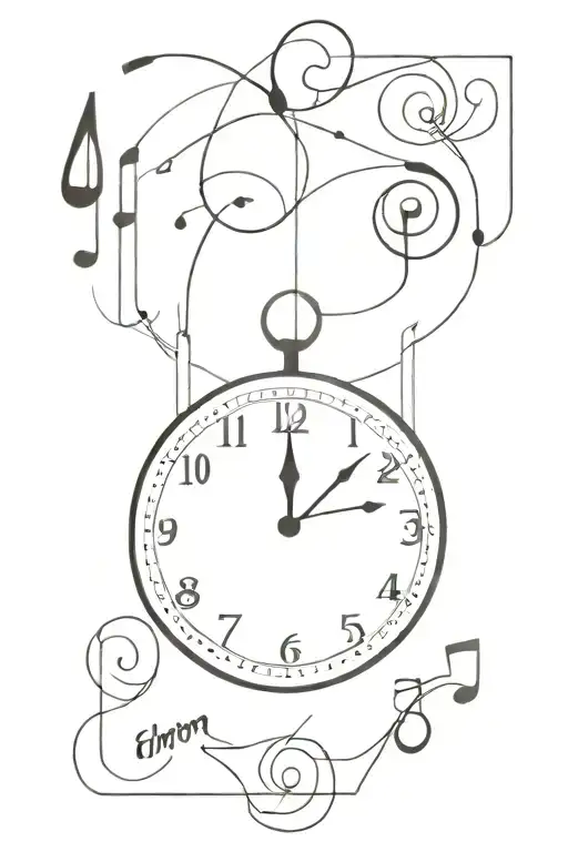 A blackwork tattoo of a music staff wrapping around a clock, symbolizing the timeless connection between music and time in your life tattoo design idea