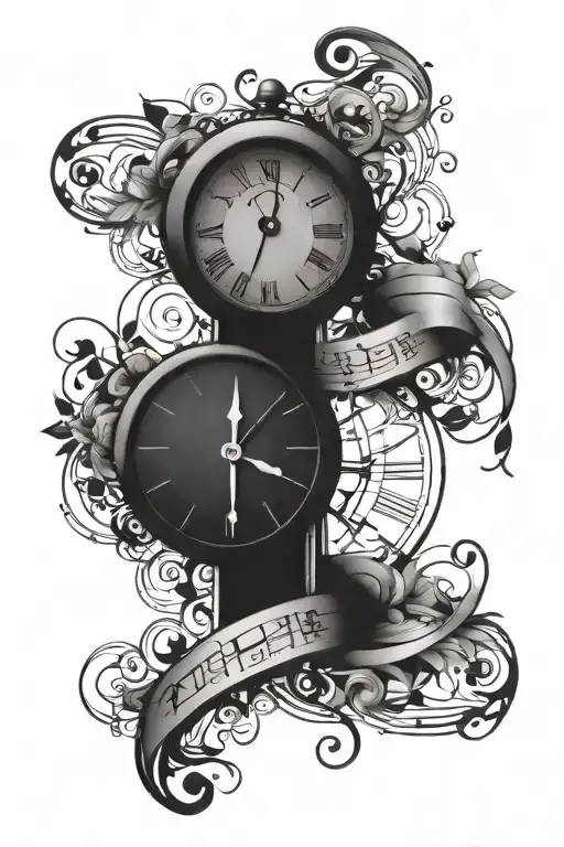 A blackwork tattoo of a music staff wrapping around a clock, symbolizing the timeless connection between music and time in your life tattoo design idea