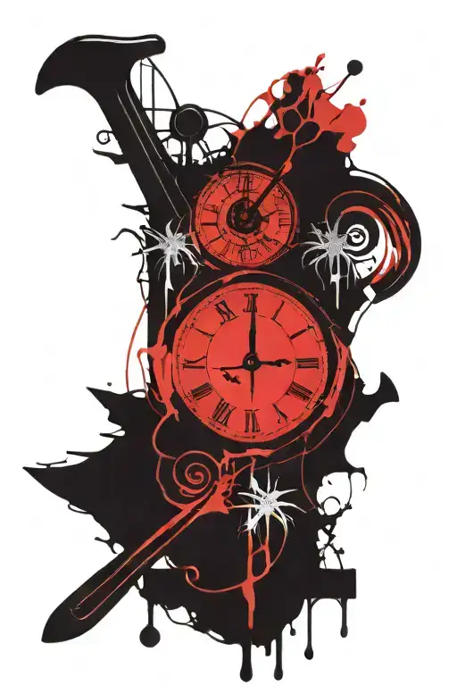 A blackwork tattoo of a music staff wrapping around a clock, symbolizing the timeless connection between music and time in your life tattoo design idea