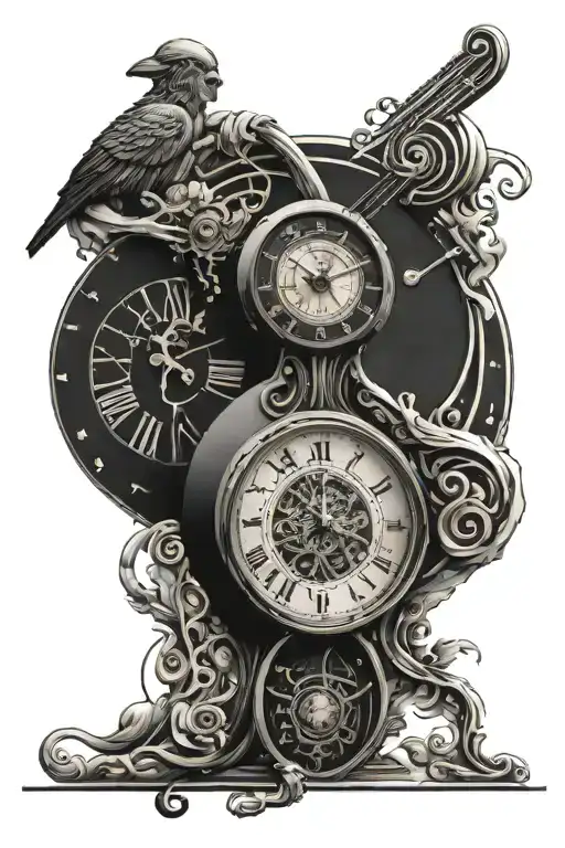 A blackwork tattoo of a music staff wrapping around a clock, symbolizing the timeless connection between music and time in your life tattoo design idea