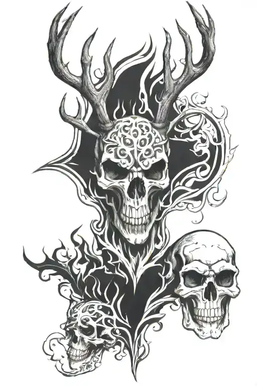 skull deer head with flames  tattoo design idea