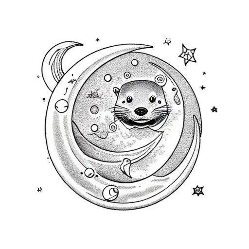 A minimalist design of a otter floating on a crescent moon in a starry night sky tattoo design idea