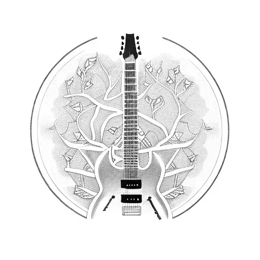 A guitar made of tree branches with musical notes floating around it tattoo design idea