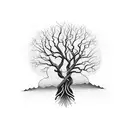 An intricate tree with roots reaching into a serene lake tattoo design idea