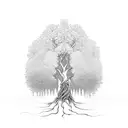 An intricate tree with roots reaching into a serene lake tattoo design idea
