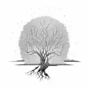 An intricate tree with roots reaching into a serene lake tattoo design idea