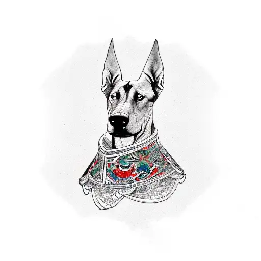 At the center of the design, a majestic Doberman stands proudly, its stance fierce and protective, symbolizing loyalty a tattoo design idea