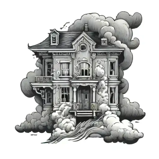 Gloomy Soviet five-story panel house engulfed in swirling storm clouds tattoo design idea