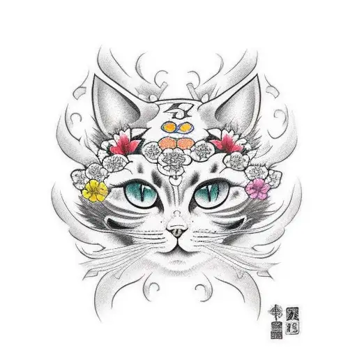 gato com flores  tattoo design idea