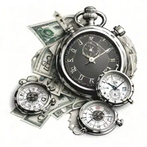 Rolls of money, raining bruning money, stopwatch  tattoo design idea