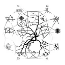 A minimalist tattoo of a tree made up of mathematical symbols and neural network connections, reflecting the client's interests in nature and technology tattoo design idea
