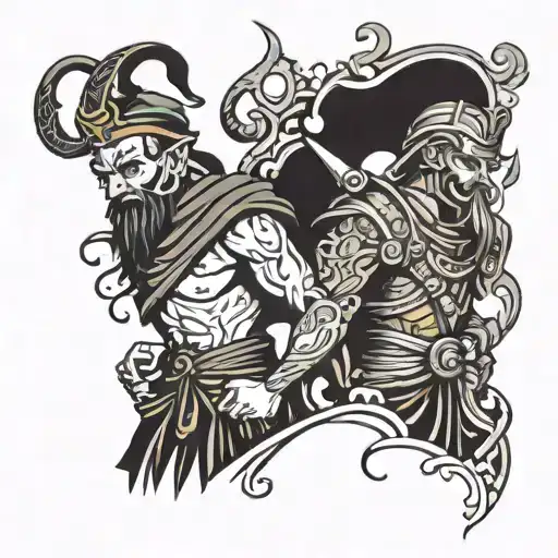 monk warrior and jester standing as a god tattoo design idea