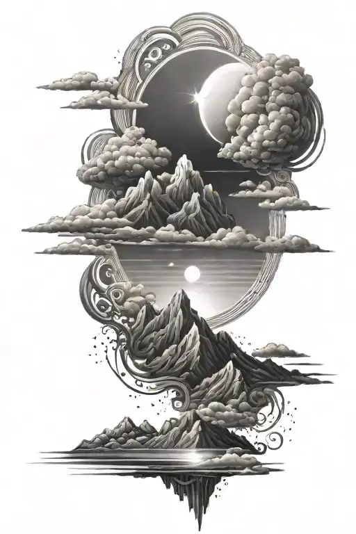 Clouds black and grey sun rays mountains inside tattoo design idea