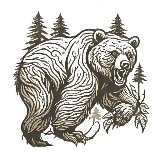 Angry brown bear in forest tattoo design idea