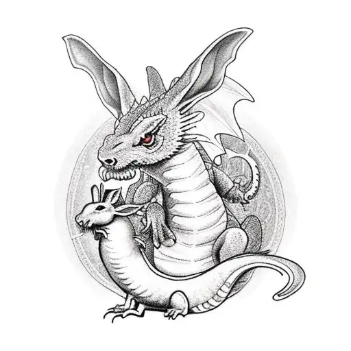 A dragon keeping watch over a doe, a mouse and a rabbit tattoo design idea