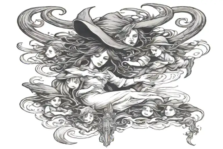 witch loving her 4 little witch children and 1 child looking down from heaven tattoo design idea