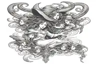 witch loving her 4 little witch children and 1 child looking down from heaven tattoo design idea