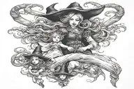 witch loving her 4 little witch children and 1 child looking down from heaven tattoo design idea