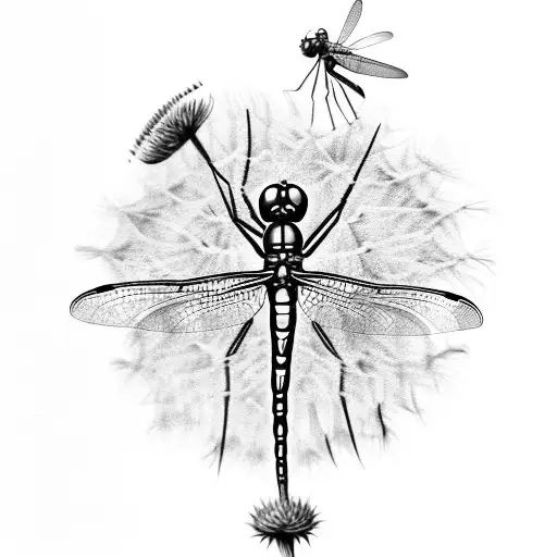 A dragonfly gracefully resting on a dandelion tattoo design idea