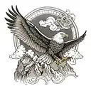 A majestic eagle soaring over a mountain peak with intricate line work and a powerful aura tattoo design idea