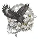 A majestic eagle soaring over a mountain peak with intricate line work and a powerful aura tattoo design idea