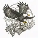 A majestic eagle soaring over a mountain peak with intricate line work and a powerful aura tattoo design idea