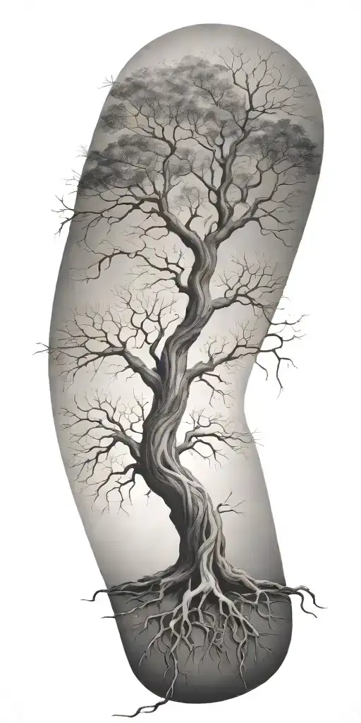 A tree with roots reaching deep into the ground, symbolizing stability and growth in isolation with souls in tree tattoo design idea