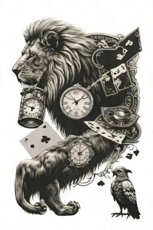 Lion, Clock, White Pigeon and Blackjack Cards tattoo design idea