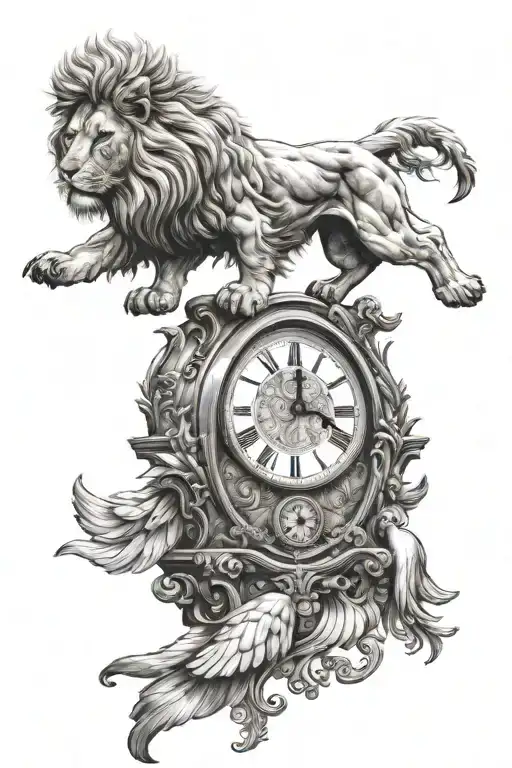 Lion, Clock, White Pigeon flying tattoo design idea