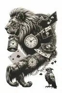 Lion, Clock, White Pigeon and Blackjack Cards tattoo design idea