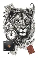 Lion, Clock, White Pigeon and Blackjack Cards tattoo design idea