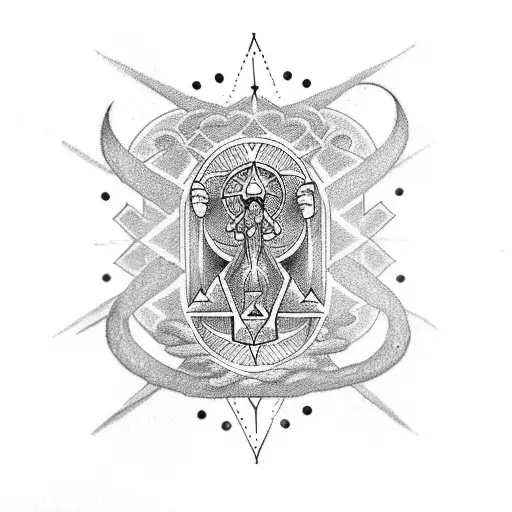 A dotwork tattoo featuring a mystical tarot card design with numerology symbols and celestial elements tattoo design idea