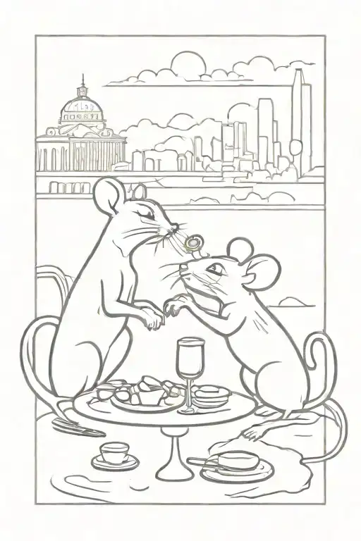 a male and a female mouse at romatic dinner scene featuring the skyline of naples tattoo design idea