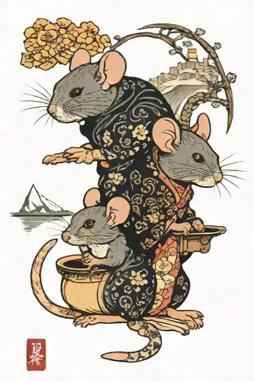a male and a female mouse at romatic dinner scene featuring the skyline of naples tattoo design idea