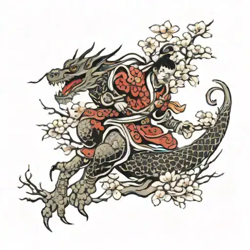 Chinese warrior with dragon and blossom tree  tattoo design idea
