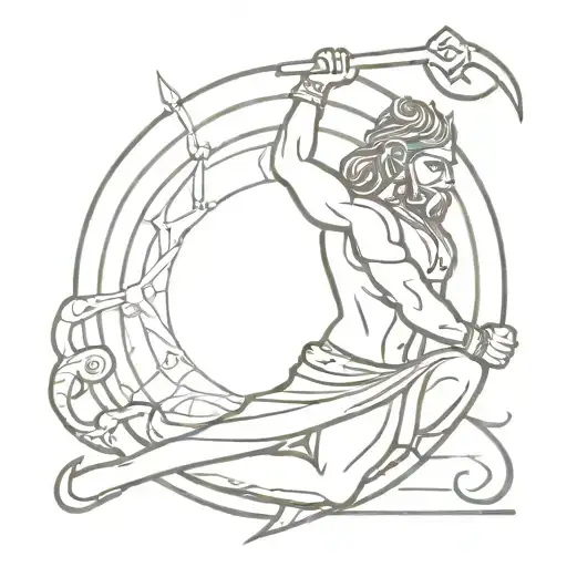 single line tattoo of how with gada of Hanuman and trishul of Shiva with sudarshan chakra and axe of parshuram tattoo design idea