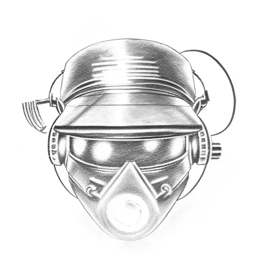 A welding mask with music notes as the visor tattoo design idea