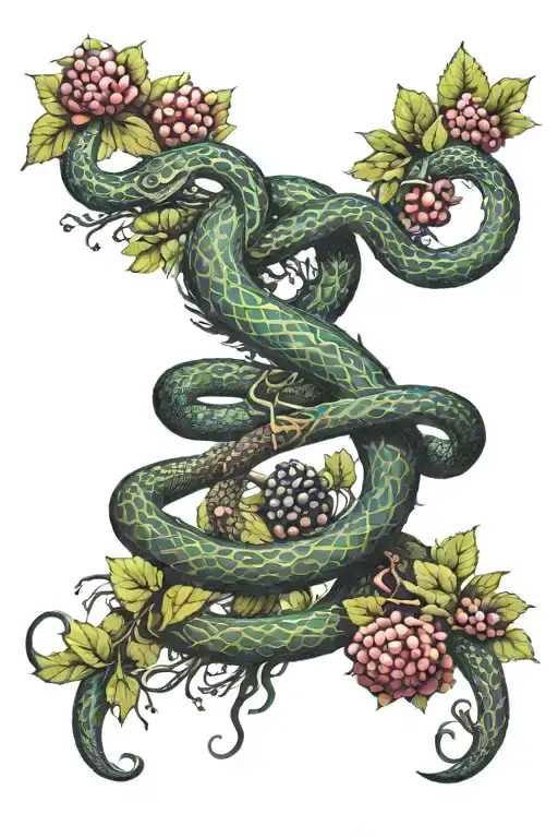 ouroboros snake, smoke, Valkyrie, bleeding heart, blackberry brambles, representative of healing deep rooted trauma tattoo design idea