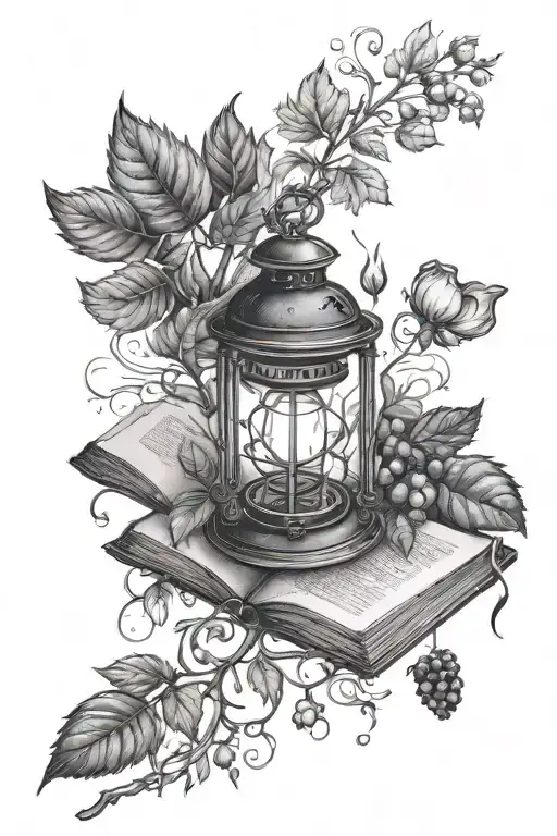  burning book with smoke, bleeding heart, blackberry brambles, leaves, dark aesthetic witchy, gothic lantern tattoo design idea