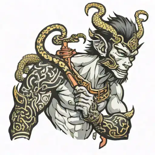 sun wukong with a snake around his neck  tattoo design idea