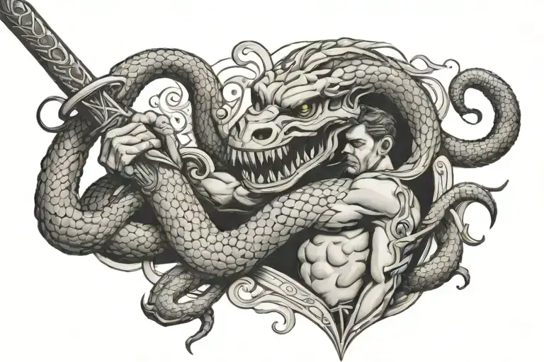 man holding snake by the neck with a sword in the other hand tattoo design idea